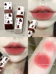 Velvet matte lipstick swatch and lip application of rose bean paste shade on model