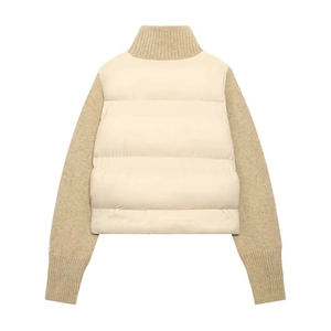 Back view of beige jacket with quilted puffer body and knitted sleeves detail