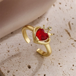 Elegant gold-plated open ring with red heart gemstone and zircon crown detail