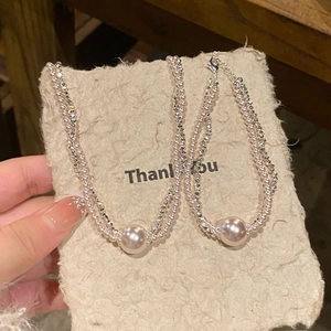 Elegant French Vintage Pink Imitation Artificial Pearl Necklace And Bracelet Double Layer Silver Beads Zircon Women Accessory