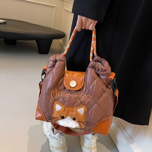 Womens Quilted Nylon Handbag With PU Leather Accents Cartoon Cat Embroidery Large Tote Crossbody Bag Braided Handle