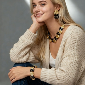 Adjustable resin leopard print geometric necklace and earrings set with gold accents