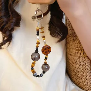 Vintage acrylic beaded phone strap with leopard print and marble beads for bags