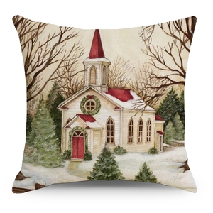 Housse de coussin de Noël en coton et lin avec illustration aquarelle d'église d'hiver