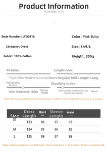 Detailed size chart for pink tulip floral cotton puff sleeve dress with S-L measurements