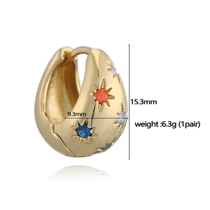 Gold starburst hoop earrings with colorful zircon stones and 15.3mm height
