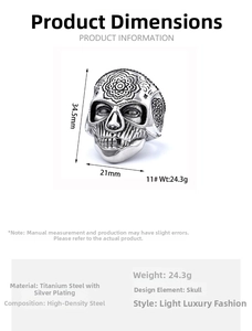 Detailed size specifications for Gothic skull ring in silver-plated titanium steel