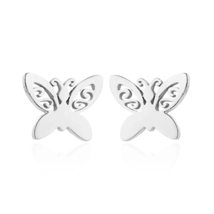 Polished stainless steel butterfly stud earrings with elegant hollow floral filigree