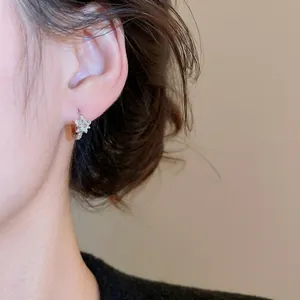 Élégantes boucles d'oreilles flocon de neige en argent avec zircons sur un mannequin
