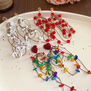 Bohemian Long Tassel Dangle Earrings Heart Shape Colorful Acrylic Shell With 925 Sterling Silver Earring Post Sweet Handmade Jewelry