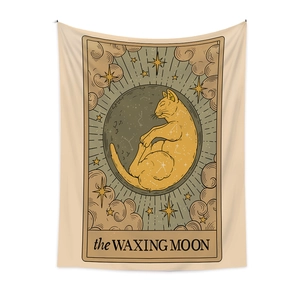 Bohemian tarot tapestry featuring a waxing moon and orange cat for room decor