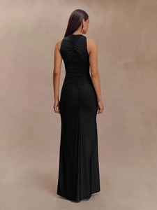 Elegant sleeveless black maxi dress featuring a sexy back ruched drawstring design