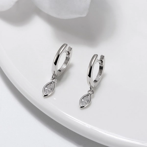 Detailed close-up of S925 sterling silver hoop earrings with marquise-cut zircon stones