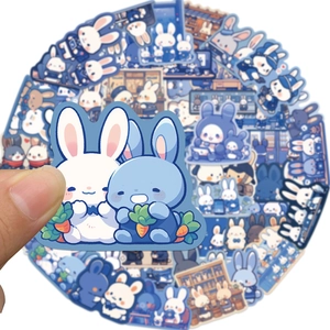 Cute blue bunny stickers set for notebooks and laptops with various cartoon rabbit designs