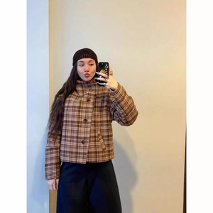 Women Vintage Plaid Short Jacket Stand Collar Woolen Coat Long Sleeve Single Breasted British Style Outerwear