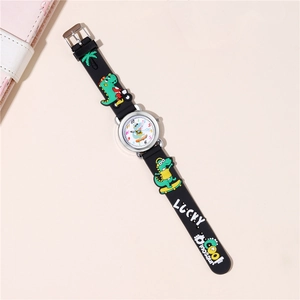 Kid's quartz watch with black silicone strap featuring 3D dinosaur pattern on beige background
