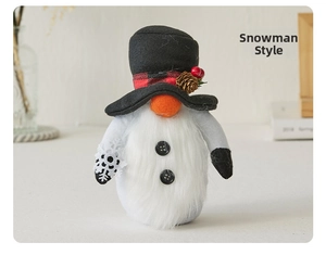 Detail of a Christmas gnome snowman doll with a plaid hat, pine cones and red berries