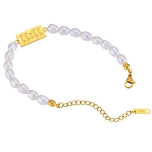 Elegant 18K gold plated pearl bracelet with rectangular 11:11 tag and lobster clasp