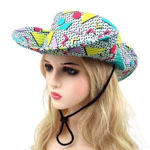 Close-up of geometry print sun hat with wide brim, colorful patterns and windproof chin cord