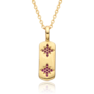 Luxury gold plated rectangle pendant necklace with purple starburst zircon inlays
