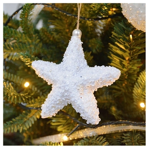 Close-up of a white sequined star ornament with pearl details on a Christmas tree