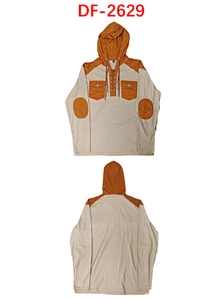 Detail view of men's hooded sweatshirt with contrast stitching and drawstring neckline