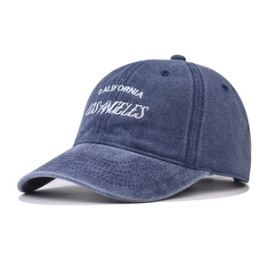 Close-up of vintage navy washed cotton baseball cap with Los Angeles embroidery