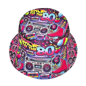 Retro 80s bucket hat featuring vibrant patterns of boomboxes and roller skates