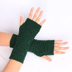 Dark green knitted cable stitch fingerless gloves for women with long warm ribbed cuffs