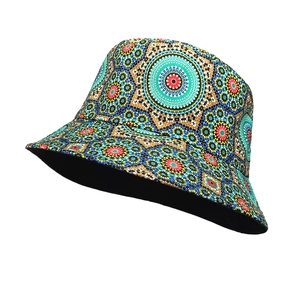 Detail of vibrant bohemian mandala geometric pattern and stitching on reversible bucket hat