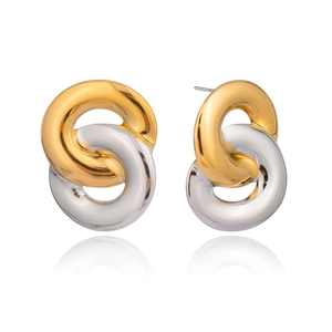 Interlocking silver and gold circle stud earrings with a polished finish and reflection