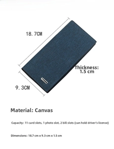 Blue canvas long wallet dimensions 18.7cm by 9.3cm with 11 card slots and photo window