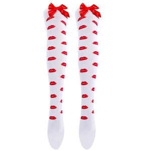 Detail of white over-knee socks with red lip patterns and satin bows for Valentine's Day