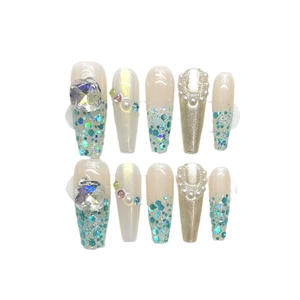 Handmade long trapezoid press-on nails with cream pearls, rhinestones and green glitter
