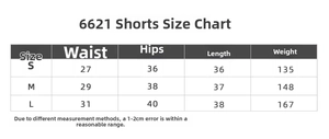 Tableau des tailles détaillé pour shorts de yoga avec mesures de taille et de hanches
