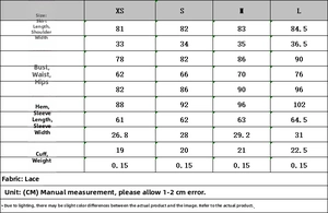 Detailed size chart in centimeters for the lace short dress including chest and waist