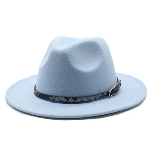 Light blue wool fedora hat with black woven belt and silver buckle for men and women