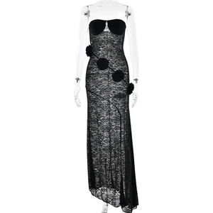 Elegant black strapless lace maxi dress with waist cinching and side floral detailing