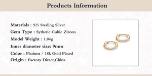 Detailed specs for 925 sterling silver square hoop earrings with cubic zirconia stones