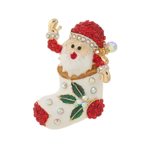 Creative Christmas Santa in stocking brooch with enamel and sparkling rhinestones