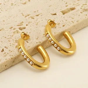 French Style U-Shaped Stainless Steel Hoop Earrings With White Artificial Pearls 18K Gold Plated Elegant Fashion Jewelry For Women