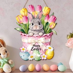 Plaque de porte Joyeuses Pâques en bois avec lapin gris et tulipes pour le printemps