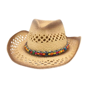 Vintage straw cowboy hat with bohemian colorful beads and hollow breathable pattern
