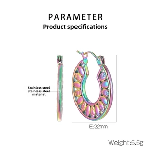 Close-up of rainbow stainless steel hoop earrings with hollow leaf pattern and 22mm diameter
