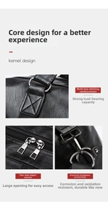 Detail of reinforced stitching and durable metal zippers on black leather travel bag