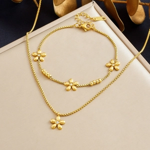 Floral Beaded Necklace And Bracelet Stainless Steel Gold Plated Rhinestone Flower Pendant Elegant Trendy For Women