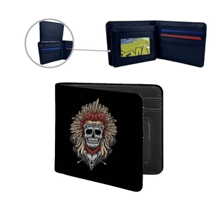 Men's PU leather wallet with skull print and multi-slot card holder layout