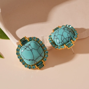 Boucles d'oreilles carrées vintage dorées avec turquoise et strass étincelants