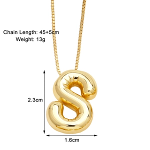 Detail view of gold 3D puffy initial S pendant with 45+5cm chain size information
