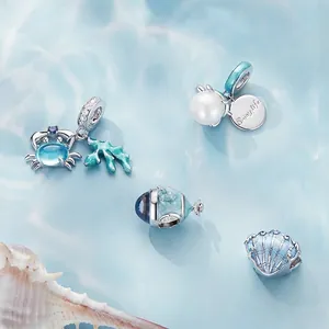 S925 sterling silver blue sea charm set with crab, turtle and shell bead collection